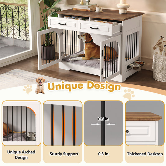 Farmhouse Dog Crate Furniture with Drawers & Food Bowls, 43.3"