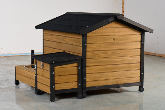 Large Wooden Dog House with Storage, Feeding Station & Porch