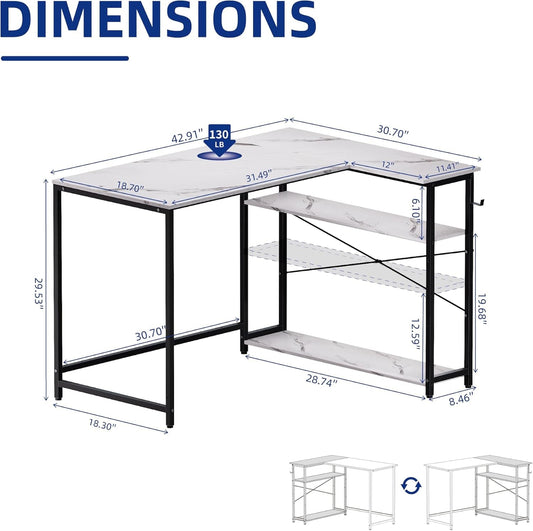 43 Inch L Shaped Computer Desk White Marble Home Office