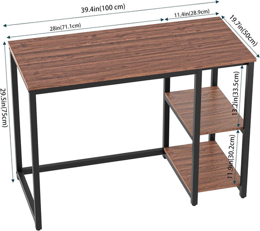 40 Inch Computer Desk With 2 Shelves Brown Sturdy Home Office Gaming