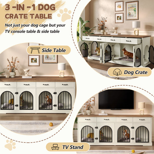 70.8" Large Dog Crate Furniture for 2 Dogs with Storage Drawers & TV Stand