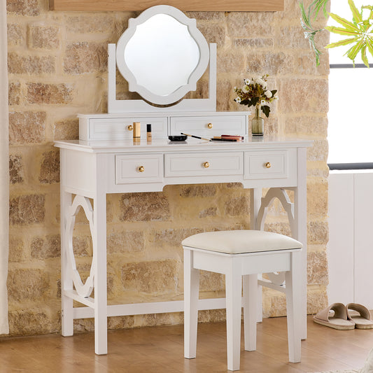Compact Makeup Vanity Table with Reversible Mirror & Stool, White