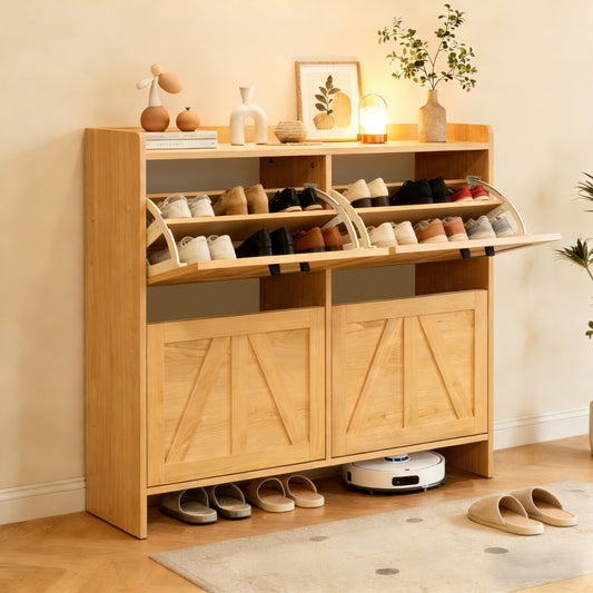Light Oak Rustic Barn-Door Shoe Cabinet with 4 Flip Drawers