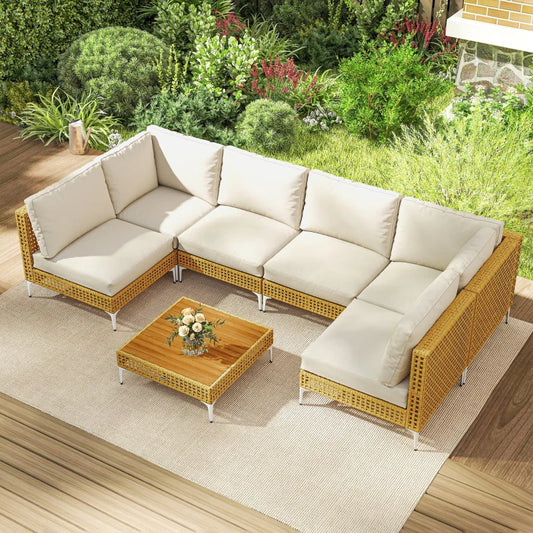 7-Piece Wicker Patio Sectional Set with Acacia Wood Table, Khaki