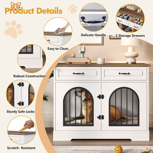43-Inch Heavy Duty Dog Crate Furniture with 2 Storage Drawers